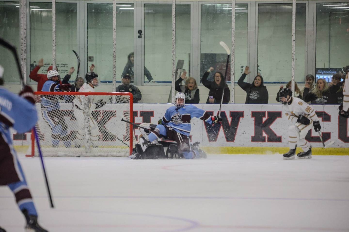 Nick Salzano collides with goalie for goal